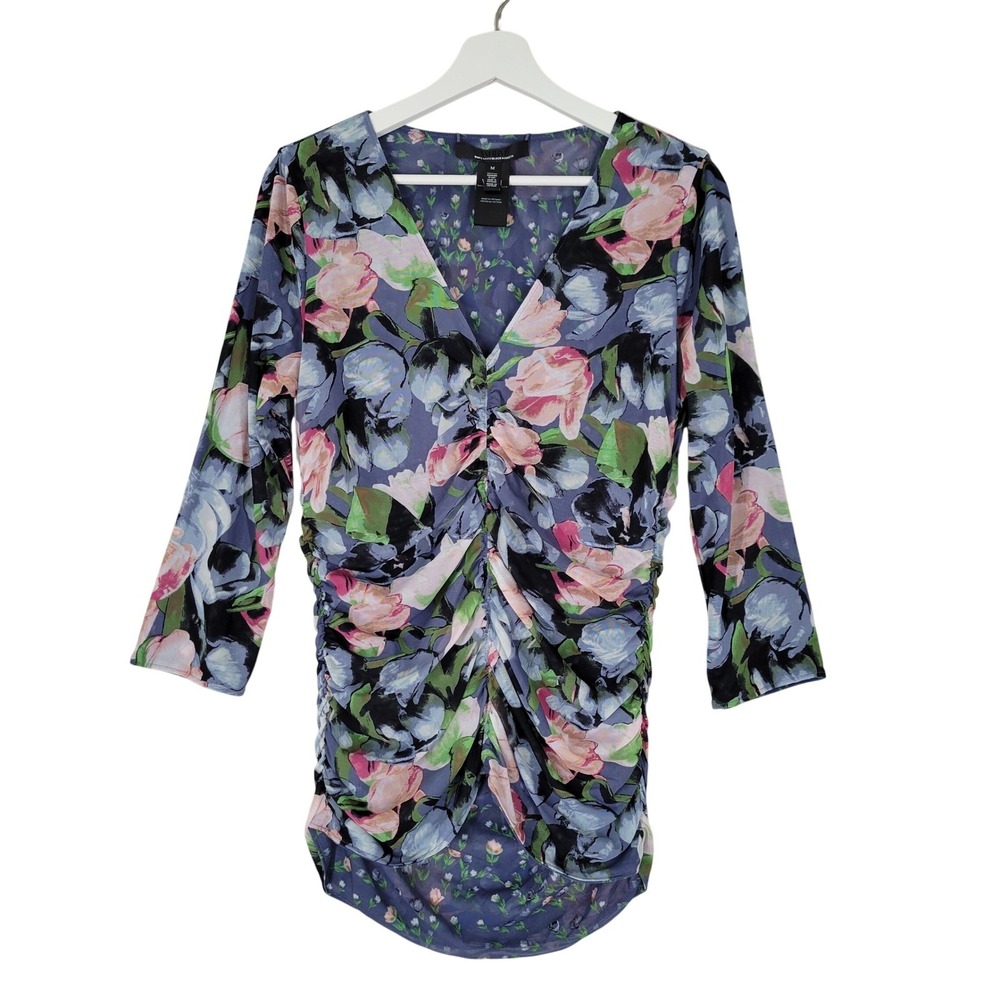 White House Black Market Reversible Mesh Top Womens Size M Blue Floral Ruched